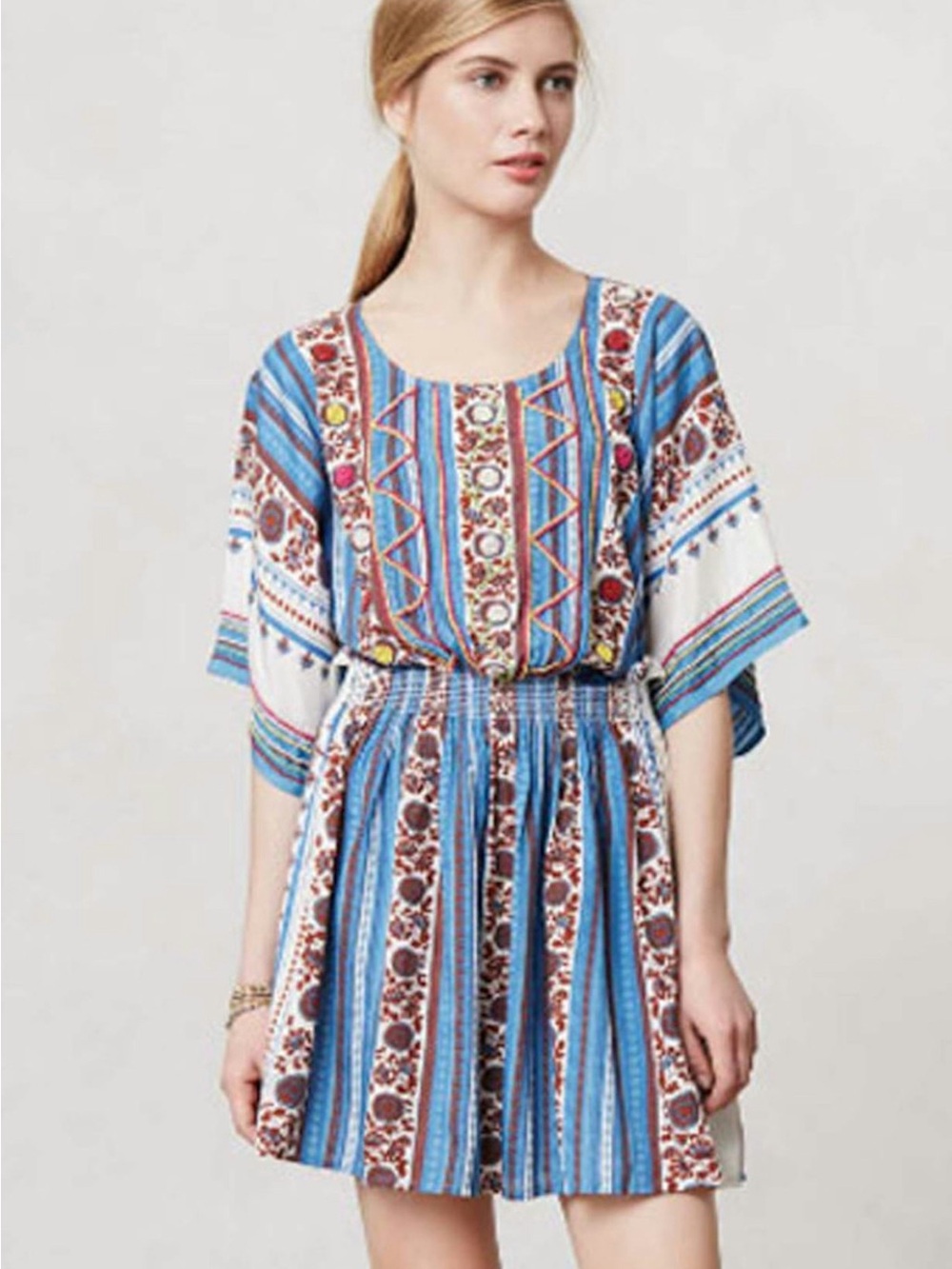 Anthropologie Blue Stripe Beaded Caftan Tunic